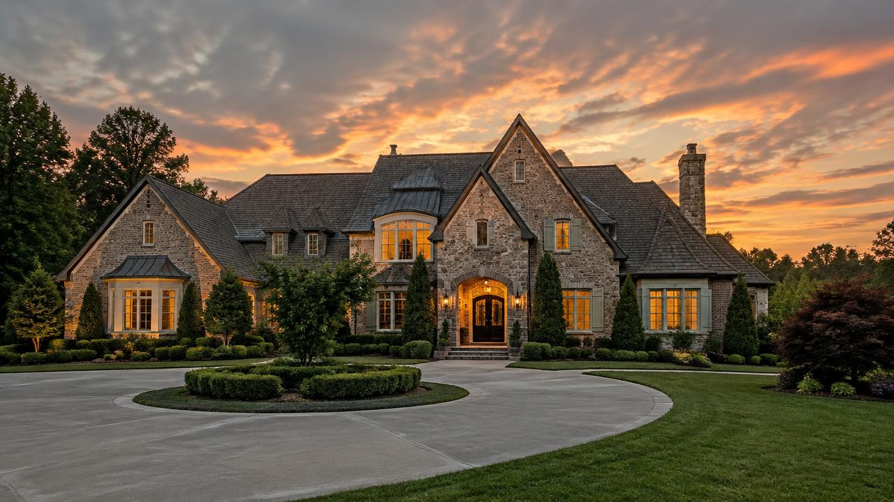 A grand custom estate home at dusk with warm windows