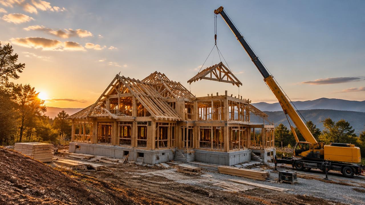 A custom home under construction with timber framing and a crane
