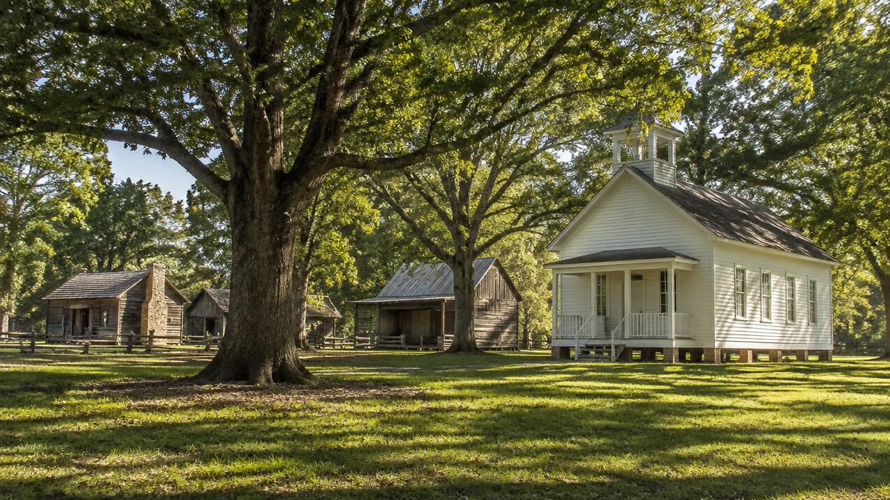 A restored historic schoolhouse and farm buildings under oaks