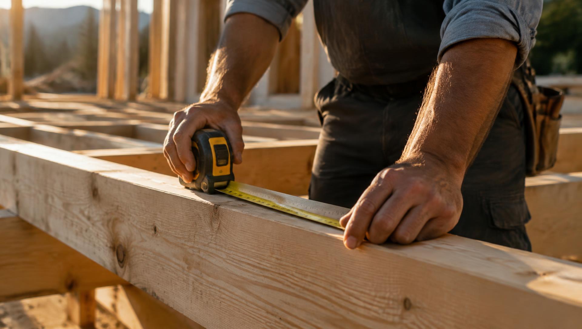 A carpenter measuring a beam at a home construction site