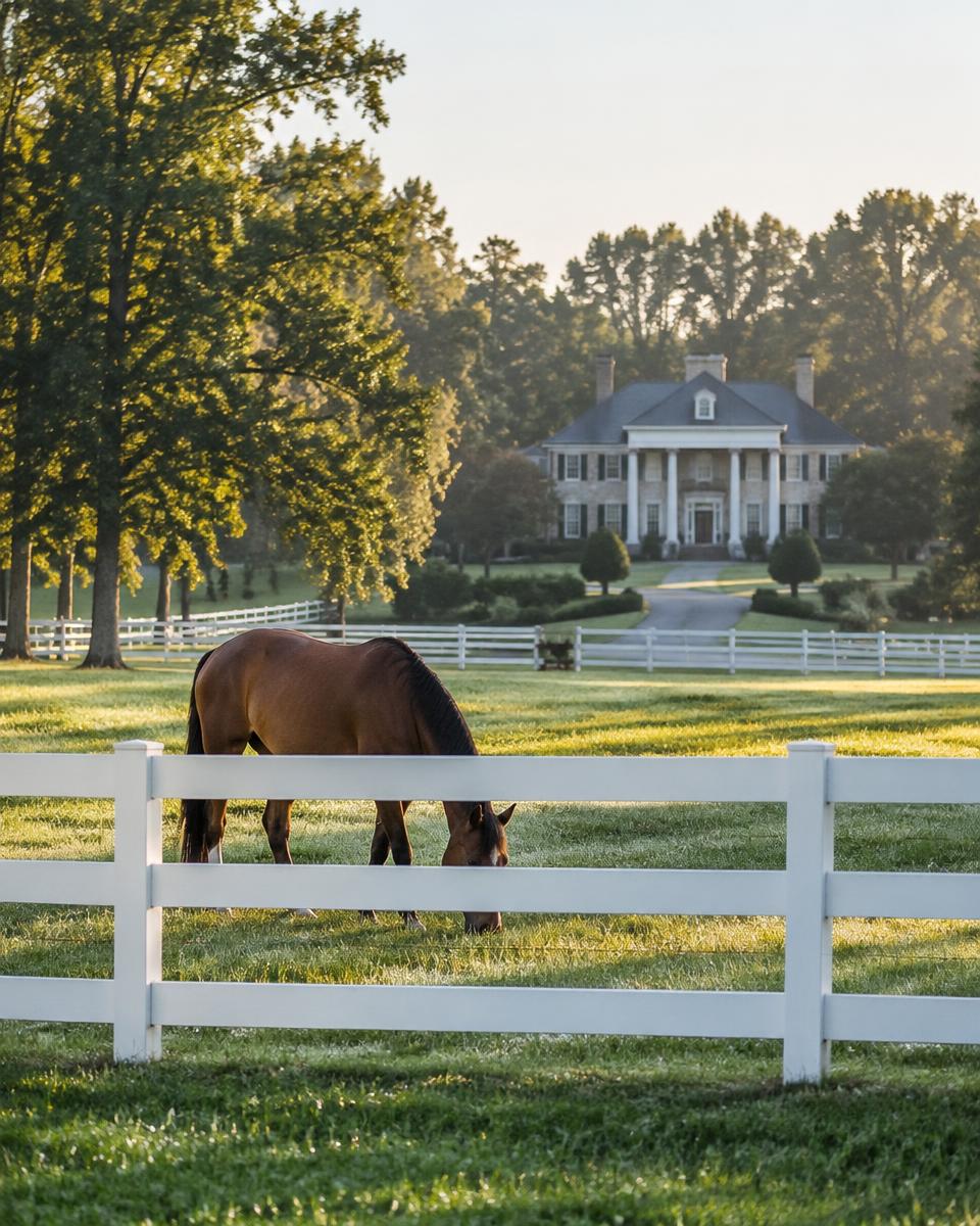 A horse grazing behind white rail fencing near an estate