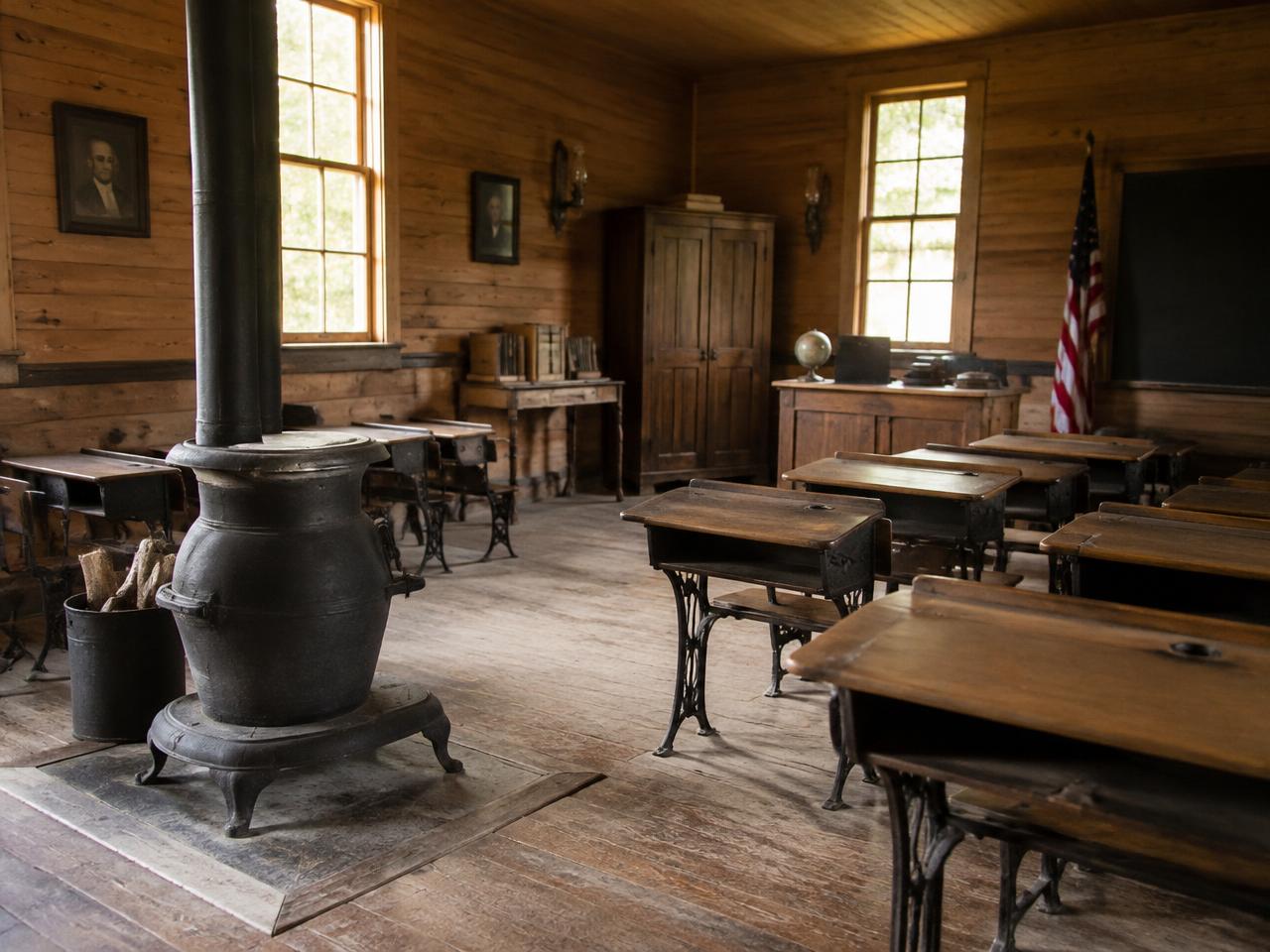 A historic one-room schoolhouse interior with wooden desks
