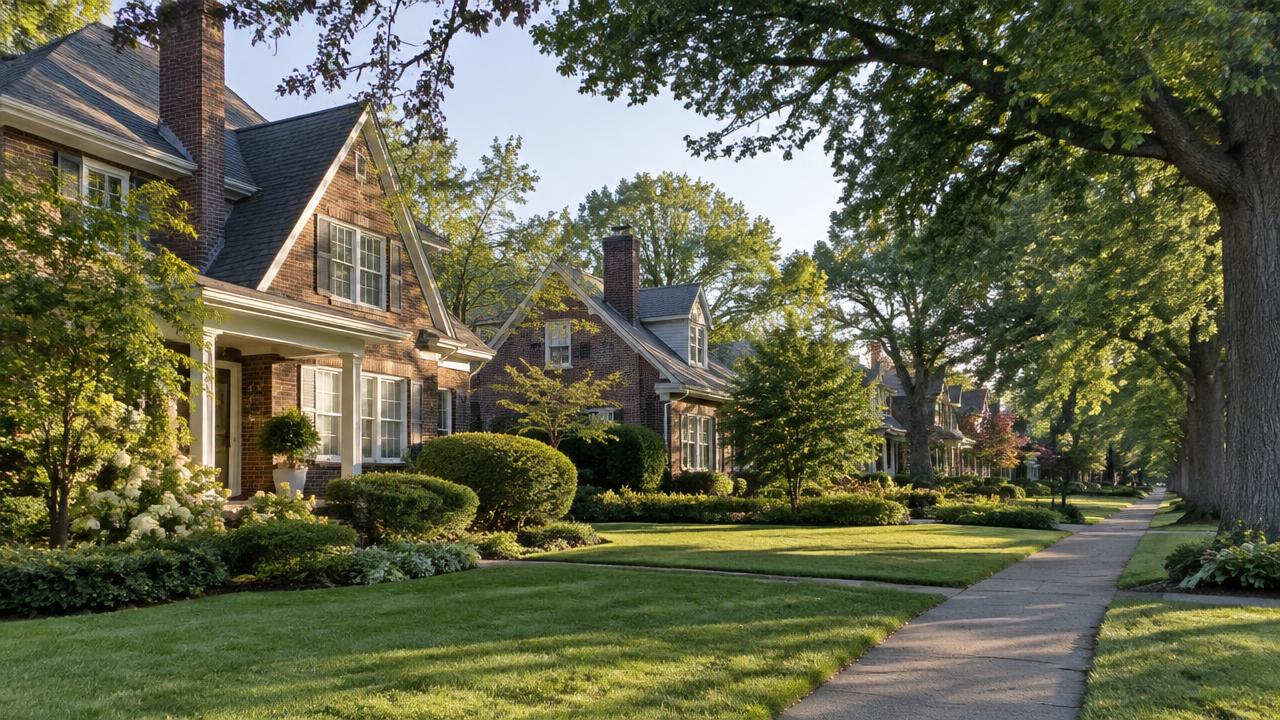 A tree-lined street of brick homes with deep lawns