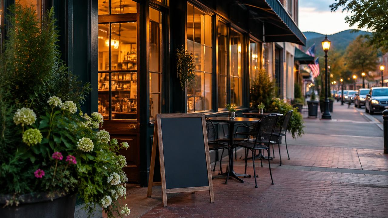A small-town cafe storefront glowing in the evening