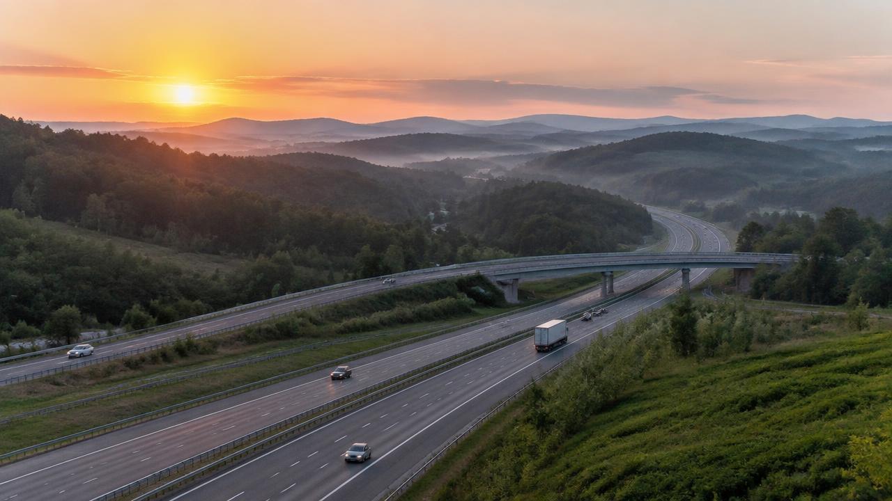A highway interchange curving through green hills at dawn