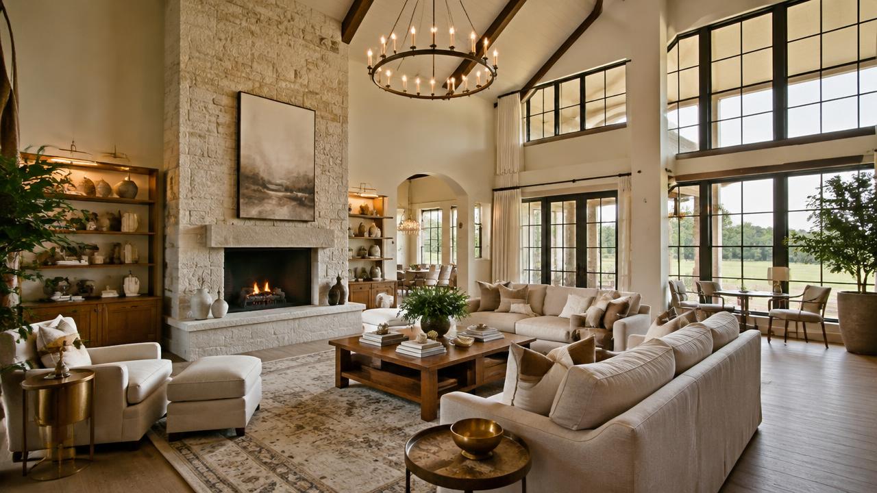 An elegantly designed living room with a stone fireplace