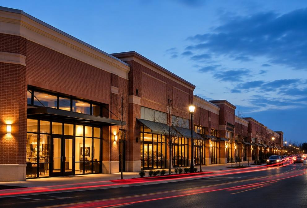 A brick shopping corridor at blue hour with light trails