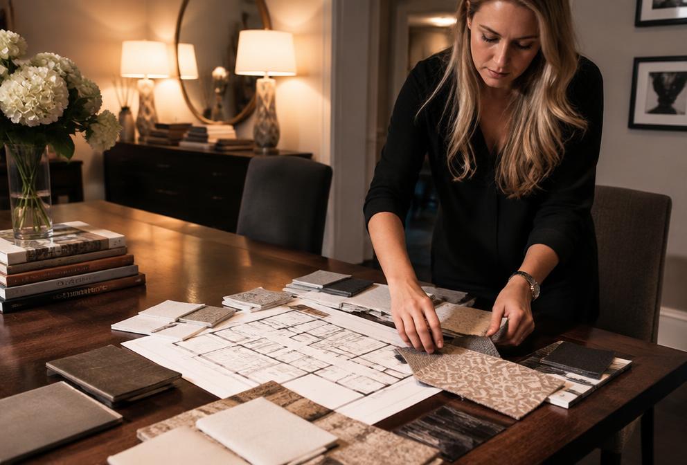 A designer arranging fabric swatches over a floor plan