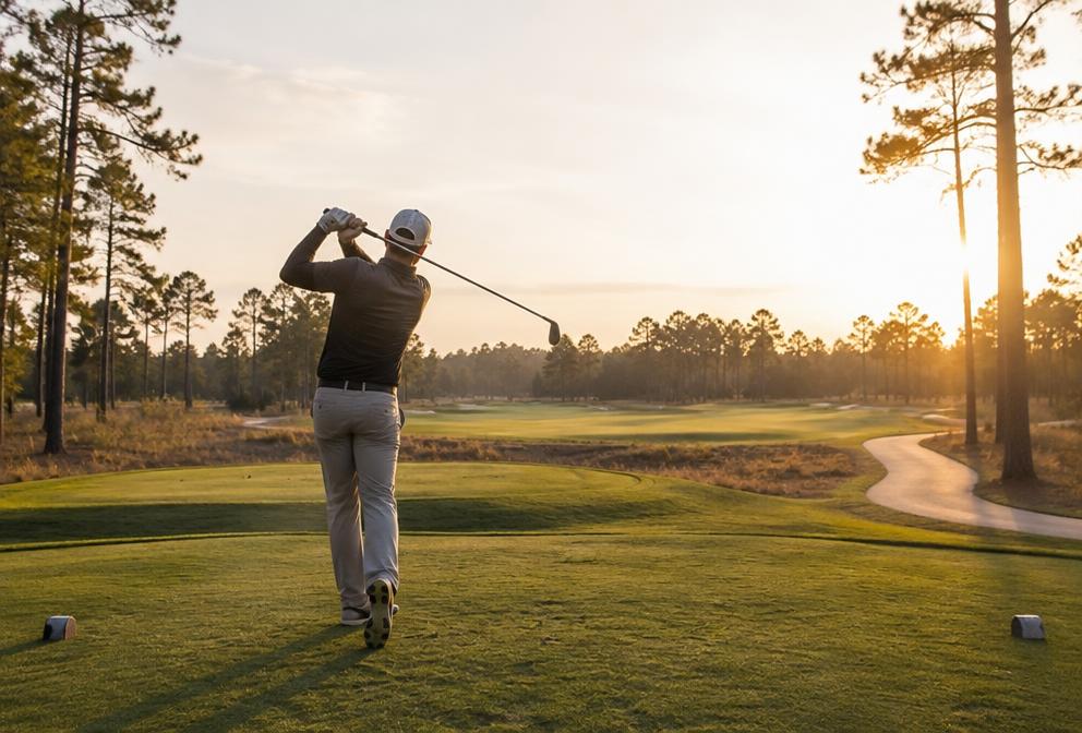 A golfer mid-swing on a pine-framed tee box at golden hour