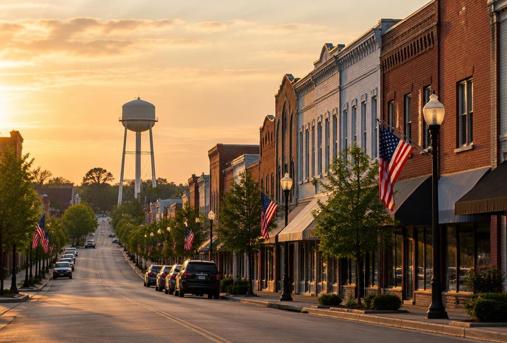 A small-town main street at golden hour with a water tower in the distance