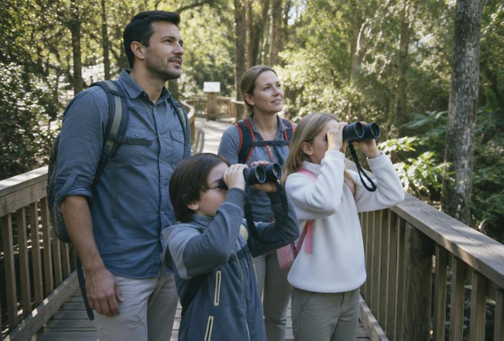 A family with binoculars on a forest boardwalk