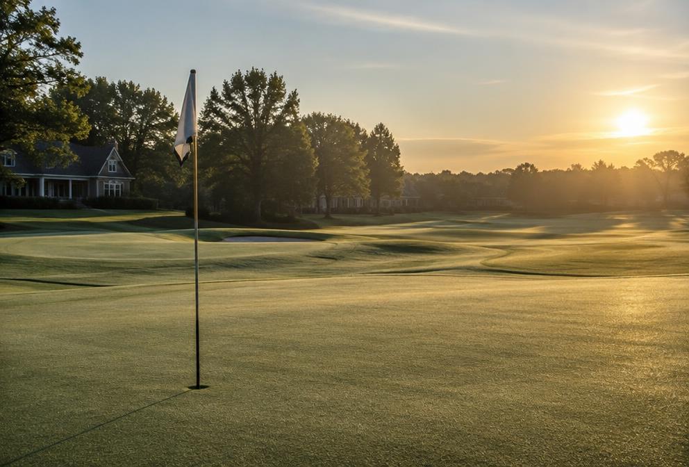 A golf course green at sunrise with homes along the tree line
