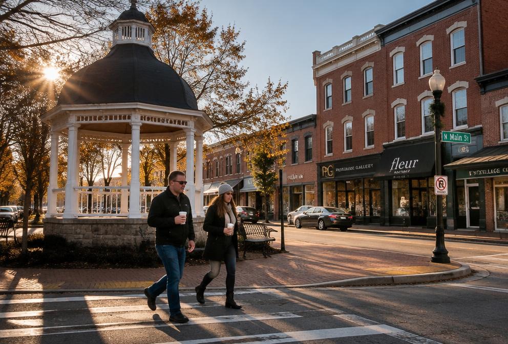 People crossing a small-town square near a white gazebo