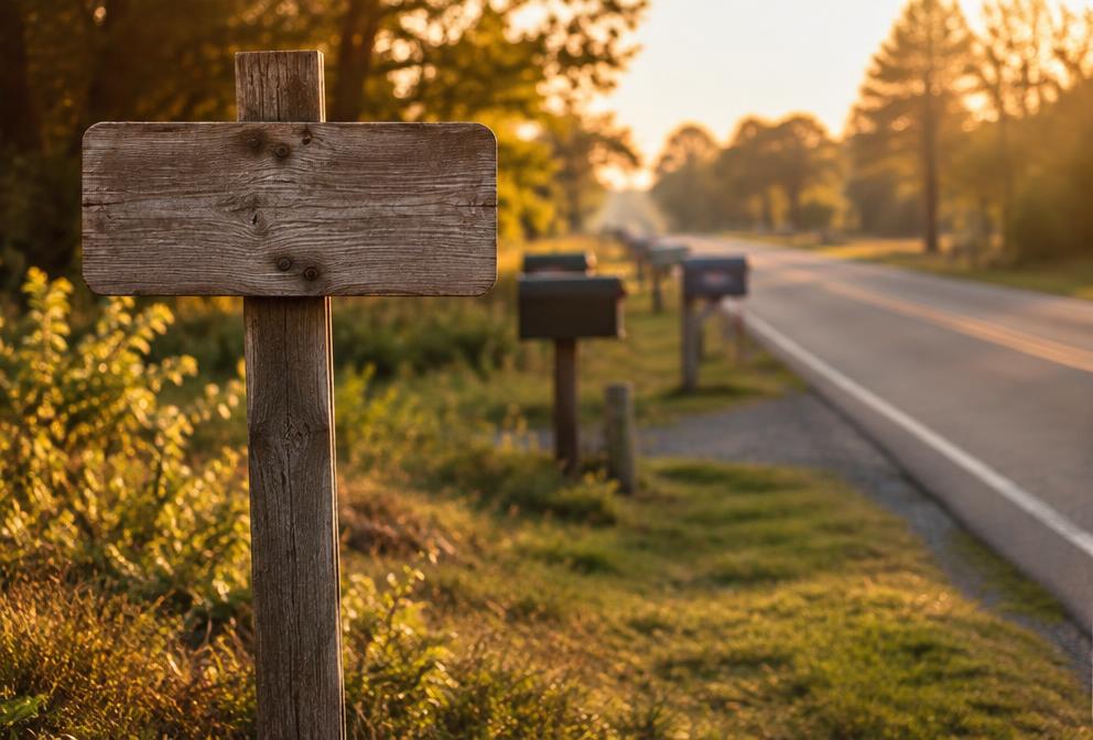 A wooden town-limits sign beside a two-lane road at golden hour