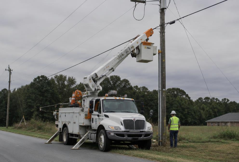 A utility crew truck at a power pole on a rural road