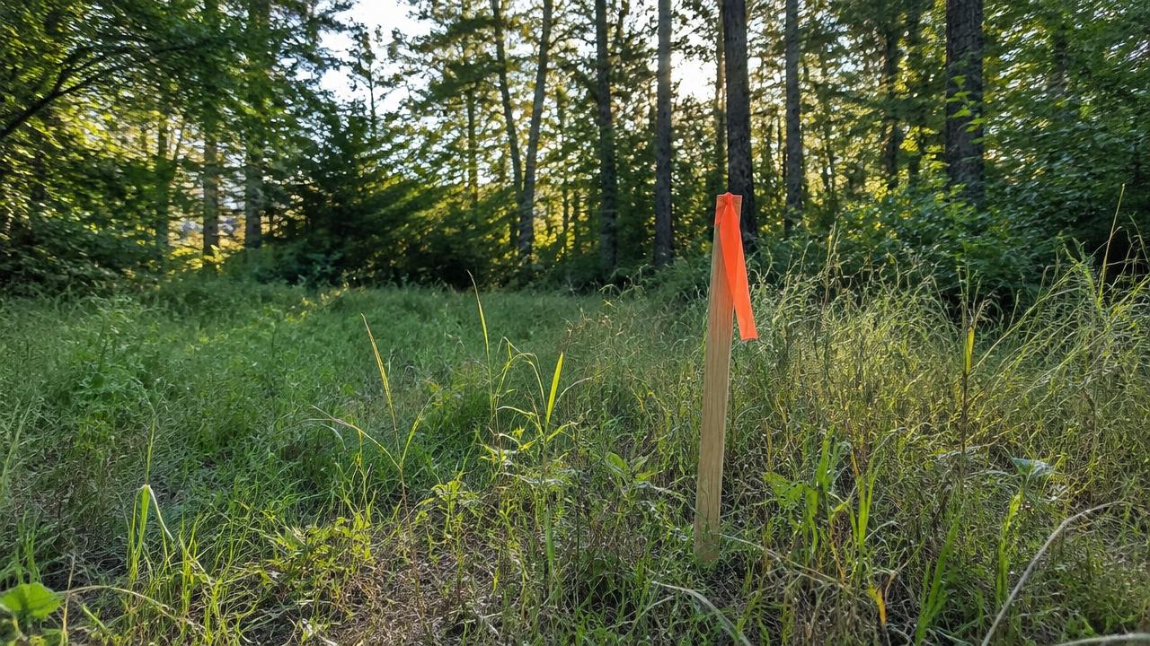 A wooded homesite with a survey stake in tall grass