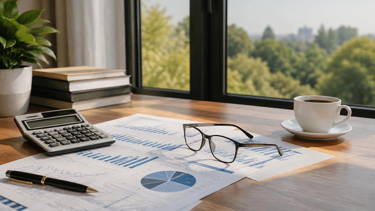 Market charts, a calculator and coffee on a desk by a window