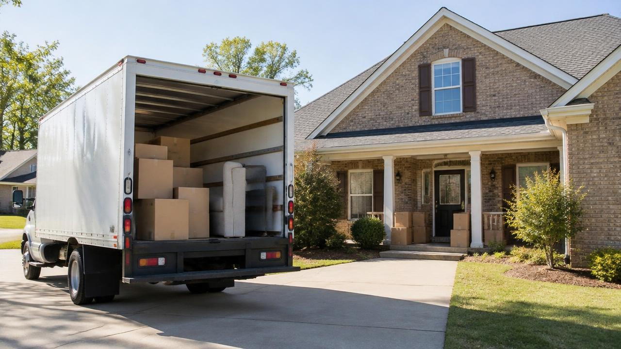 A moving truck in the driveway of a brick home