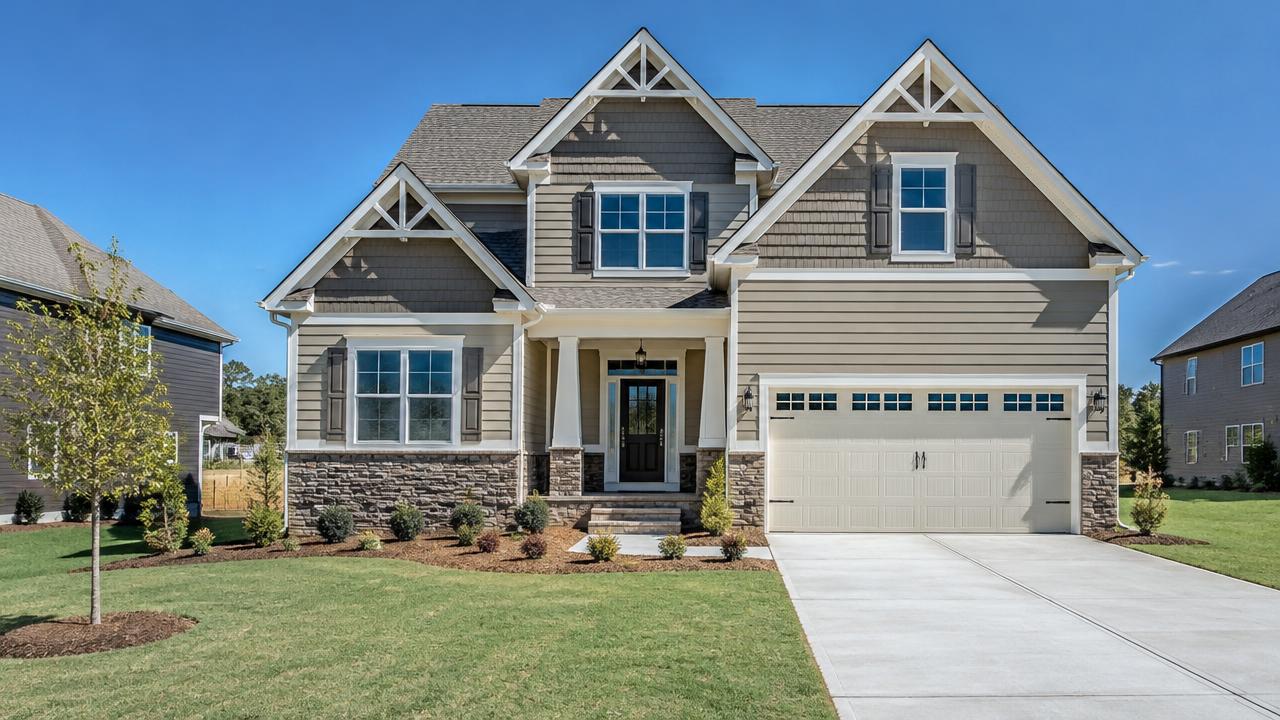 A newly completed craftsman-style home with fresh sod