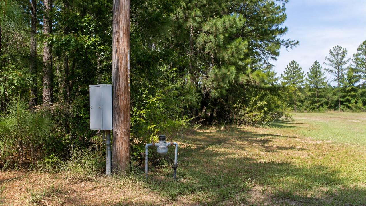 A utility pole and water meter at the edge of a grassy lot