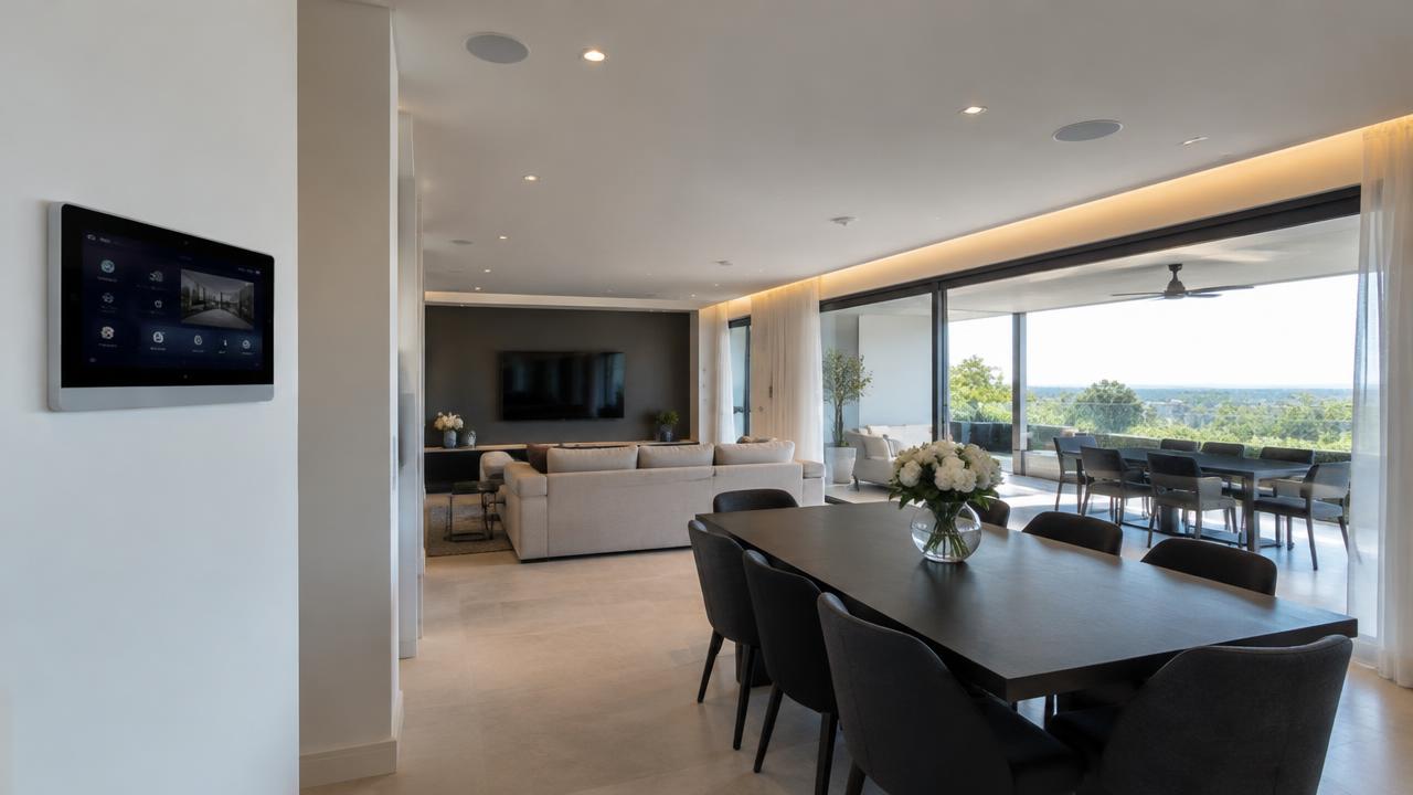 A smart home interior with a wall-mounted control panel
