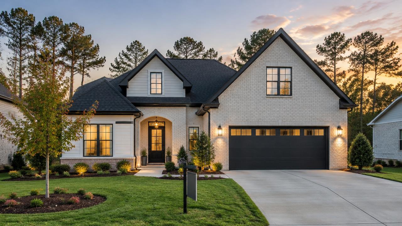 A finished spec home with fresh landscaping at dusk