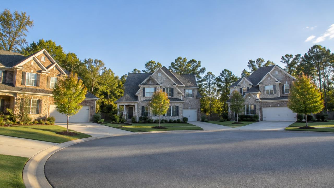 An estate home with a stone facade near a golf course
