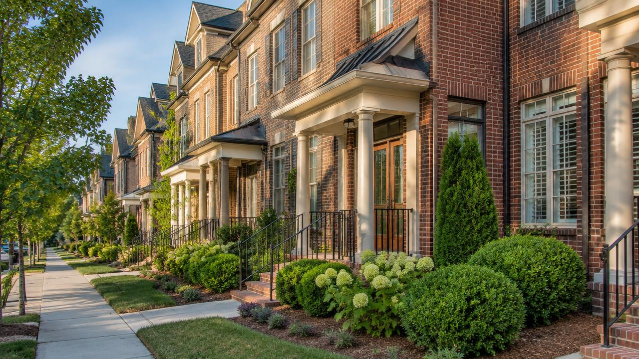 A row of brick townhomes with small front gardens